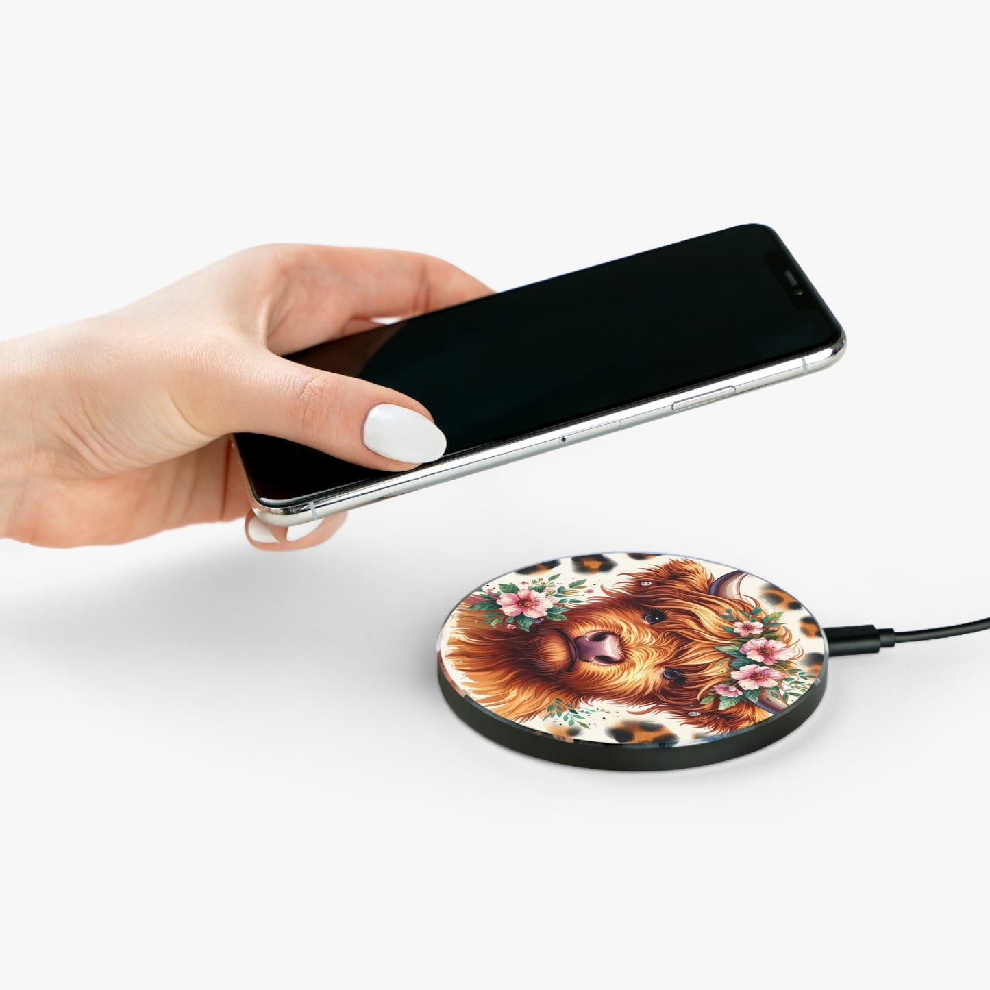 Floral Highland Cow Wireless Charger | Cute Cow Phone Charger