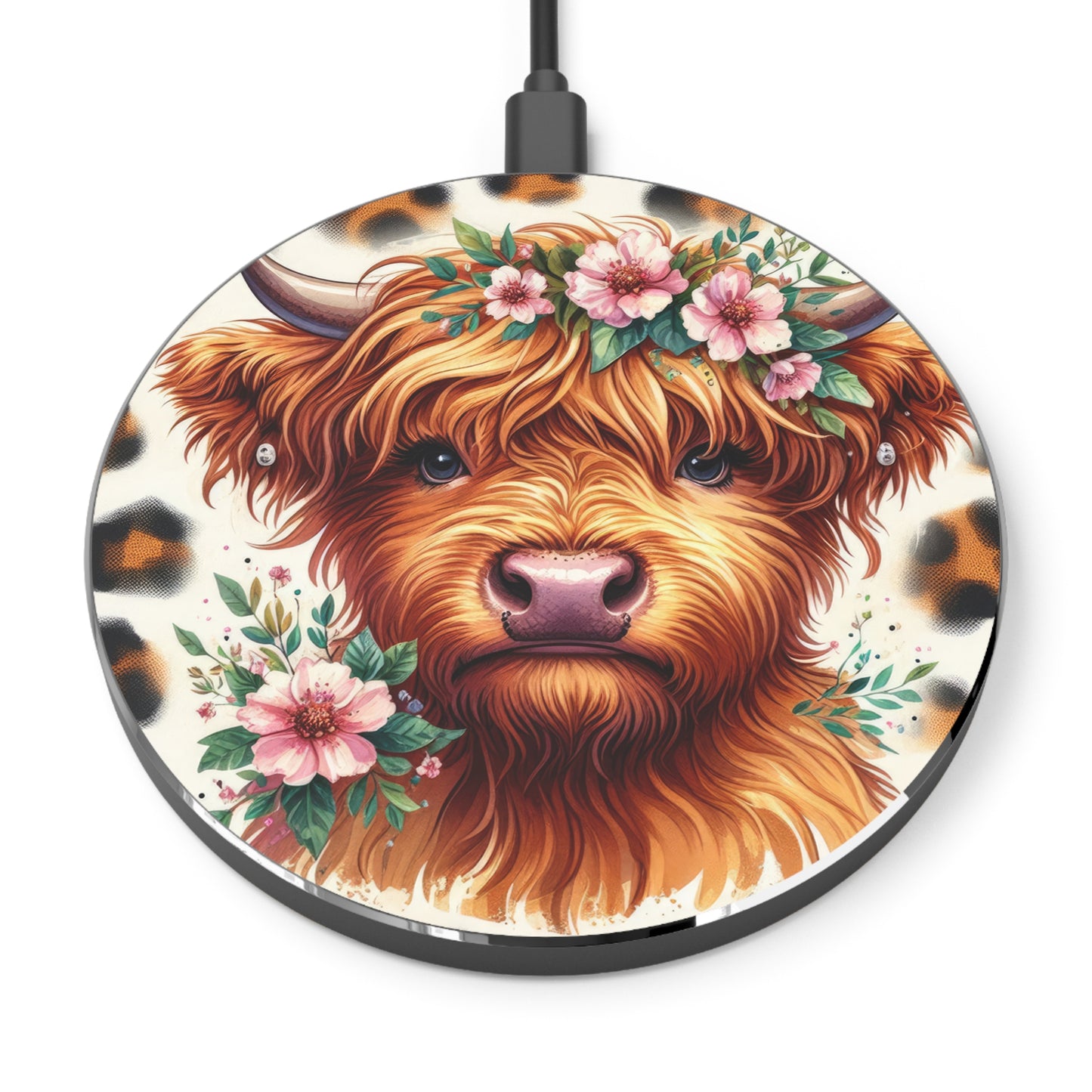 Floral Highland Cow Wireless Charger | Cute Cow Phone Charger