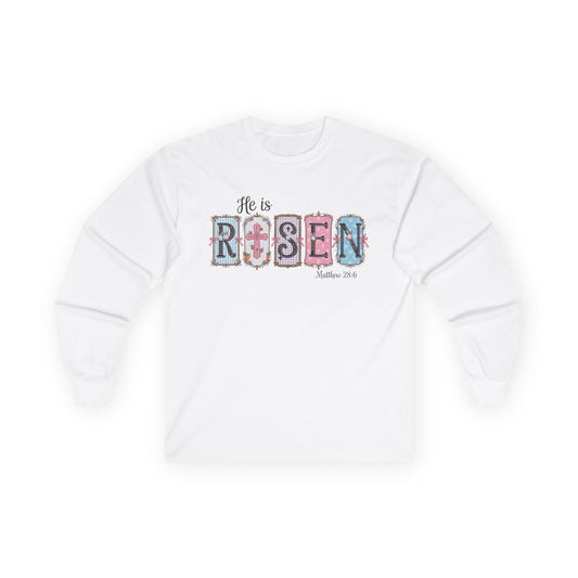 He Is Risen Long Sleeve Tee — Christian Easter Faith Shirt