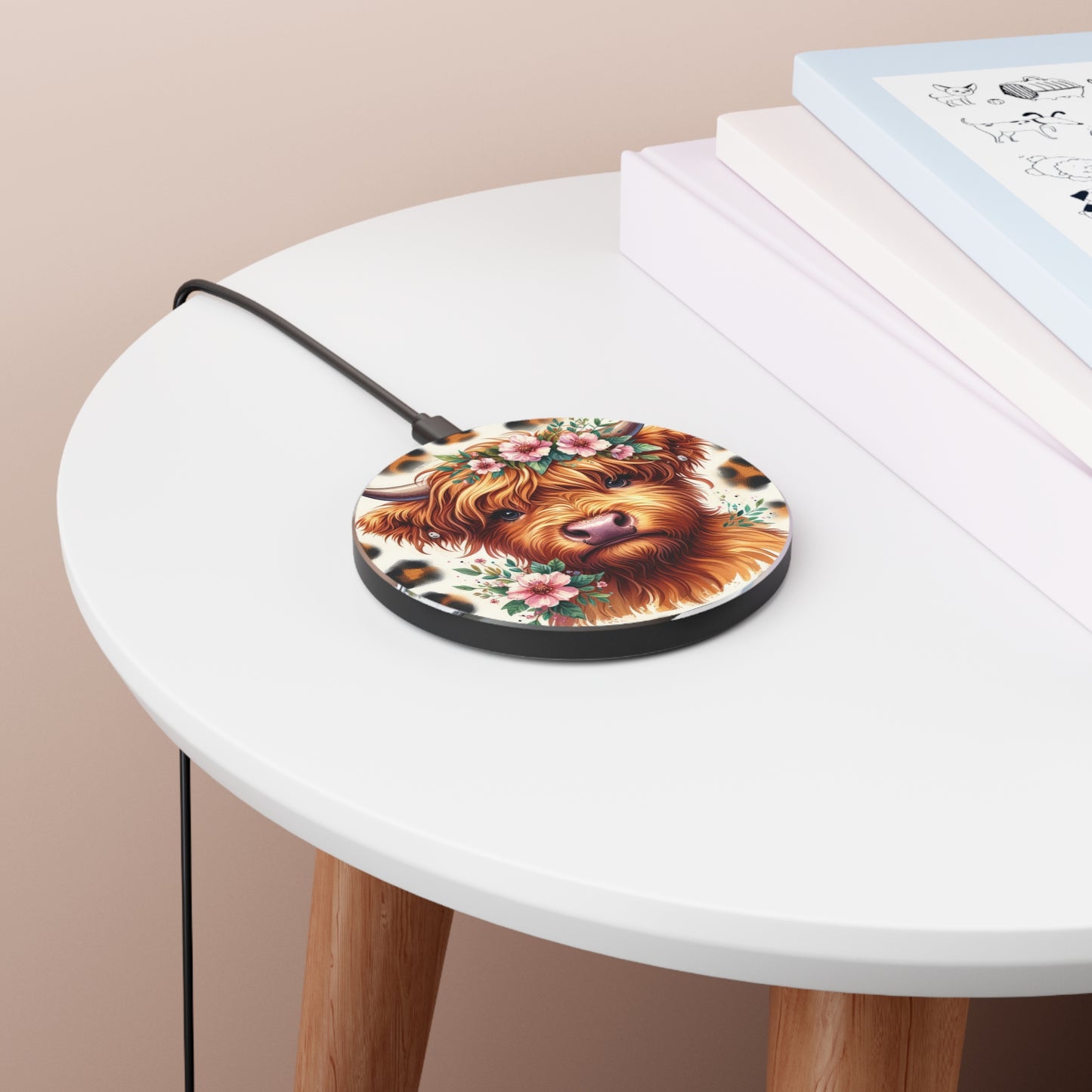 Floral Highland Cow Wireless Charger | Cute Cow Phone Charger